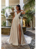 Deep V Neck Beaded Lace Tulle Tie Back Slit Wedding Dress